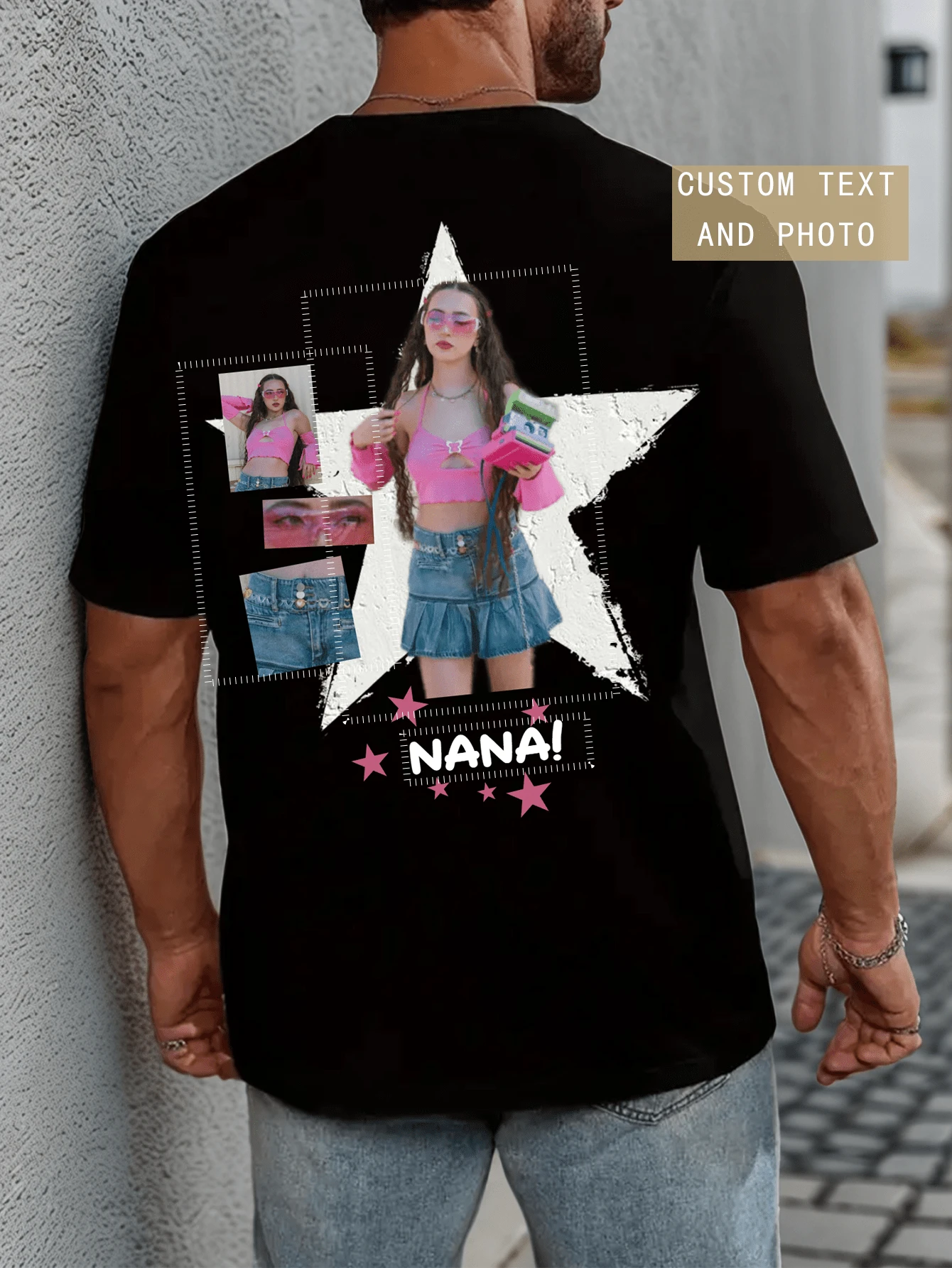 Camiseta personalizada cómoda con estilo Y3K para hombres. Agrega tu foto y tu texto/logo. Camiseta personalizada para novia, camiseta para novio, camiseta con foto, regalo de cumpleaños personalizado, camiseta para grupo. (Foto de familia/selfie/foto de mascota/foto de amigo/foto de pareja/foto de novia/regalos/logo para parejas/camiseta personalizable para esposo, novio o novia, regalo y fiesta de cumpleaños) - Negro - Ver 1