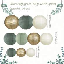 10 peças/15 peças Lanternas de Papel Redondas Verde Sálvia, Brancas e Douradas, Decoração Rústica para Casamento, Aniversário e Festa
