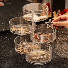 1 pieza Caja de joyas giratoria de plástico transparente, organizador de maquillaje de varios compartimentos, caja de almacenamiento a prueba de polvo para escritorio, estilo Ins de vuelta al cole