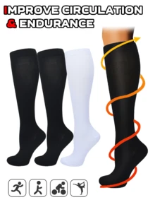 3 Pairs Unisex Compression Socks For Running & Cycling - Breathable Calf Support Socks With Graduated Pressure, Solid Color Athletic Design For Men & Women (15-20mmHg Equivalent)