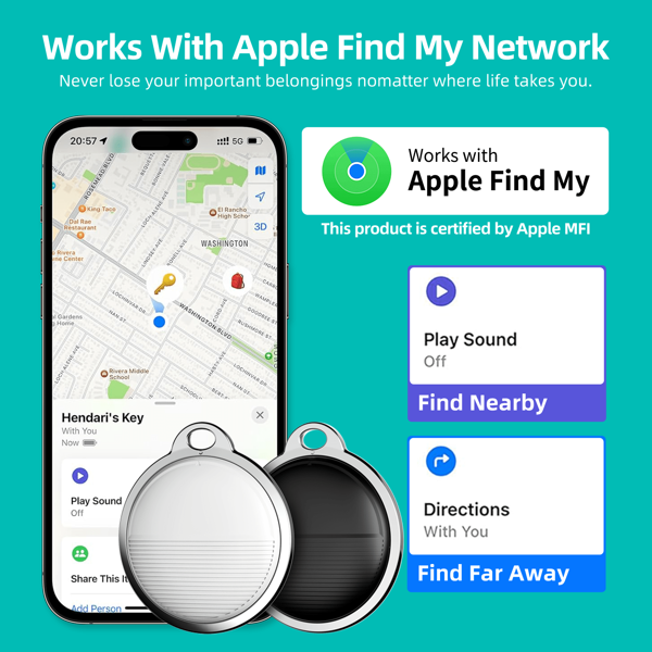 Localizador Apple AirTag, Rastreador de ubicación global GPS para ancianos, billetera, llaves, bolso, mascotas, dispositivo anti-pérdida - Seguimiento preciso remoto, llamada de dispositivo con un solo clic, batería de larga duración (pila de botón CR2032), compatible solo con iOS