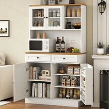 Kitchen Pantry Storage Cabinet, Pantry Cabinet With 2 Drawers, Modern Buffet Cabinet With Adjustable Shelves, Tall Kitchen Hutch With Microwave Stand, Food Pantry With Glass Doors For Dining Room, White - White - View 2