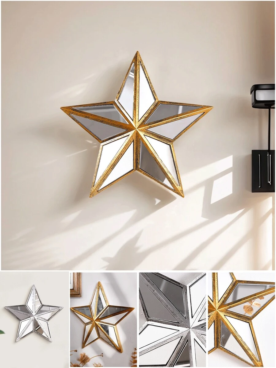 1pc Creative Resin Made Gold & Silver Tone 5-Pointed Star Home Decor Crafts, Wall Hanging With Mirrored Star Surface