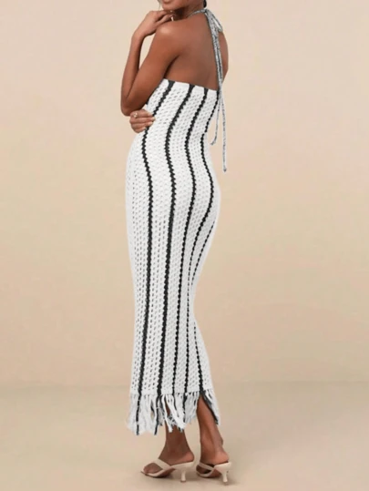 Jeanswest 1pc Striped Bohemian Fringed Halter Knitted Fabric Beach Netted Dress