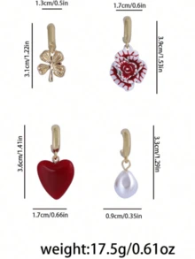 1 Pair Elegant French Floral & Leaves Design 4-Piece Earrings, Versatile For Daily Wear - 4-piece Earring Set - View 4