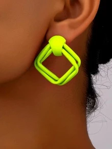 1 paire de boucles d'oreilles décontractées à la mode pour femmes, combinaison artisanale en fil de fer carré géométrique, vert néon vif, boucles d'oreilles pour fête et usage quotidien