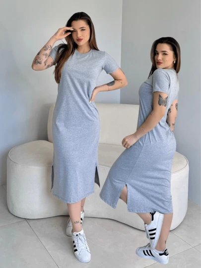 Vestido Midi Feminino Com Fenda Manga Curta Algodão Confortável Elegante
