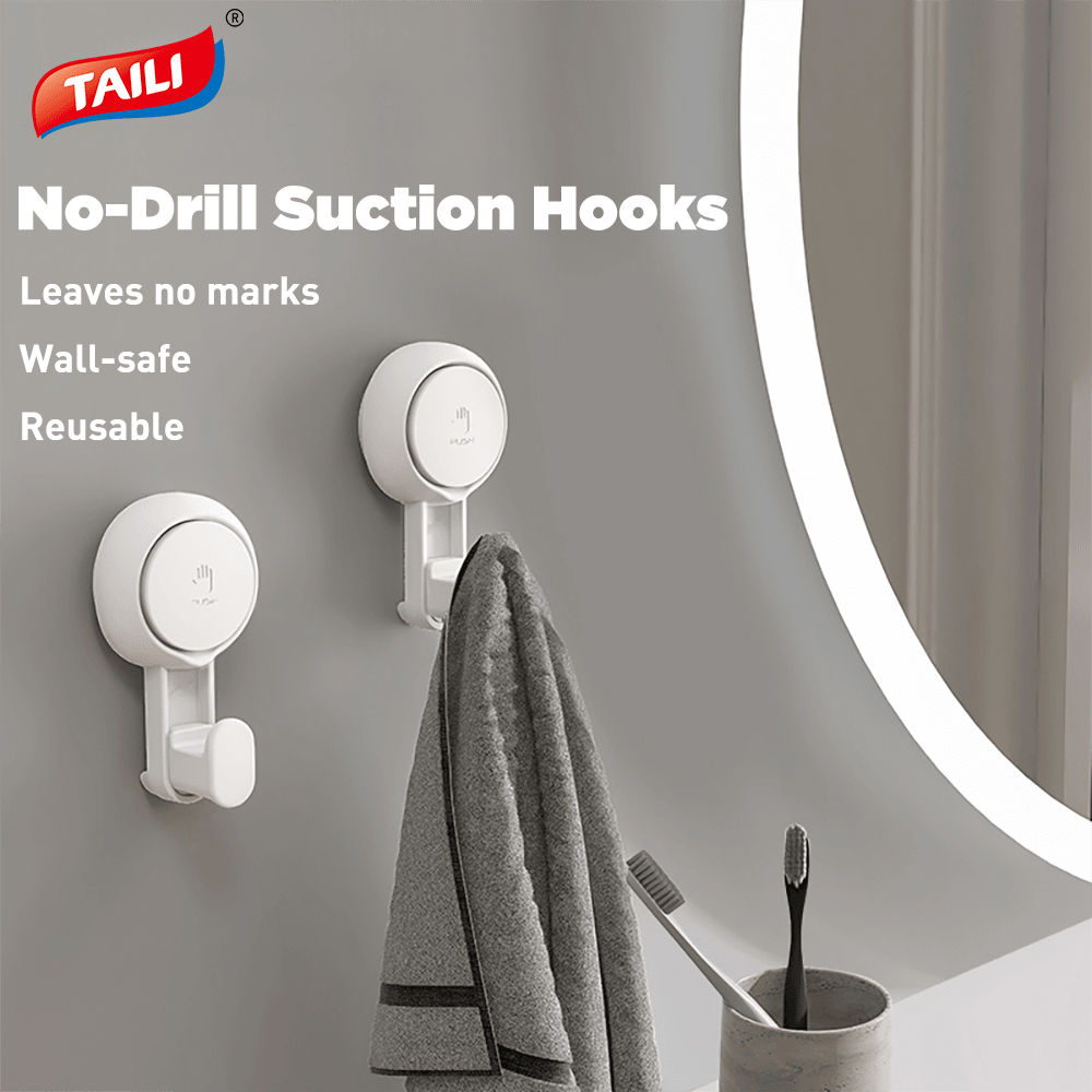 TAILI TAILI Multi-Function Vacuum Suction Cup Hooks, Heavy Duty No Drill Wall Mounted, Bathroom Towel Adhesive Hooks, Black & White Colors, Pack Of Multiple