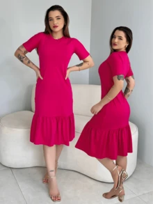 Women's Comfortable Elegant Casual Ruffle Midi Dress - Hoa hồng - Xem 1
