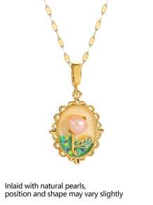 1 Pezzo di collana con pendente vintage con fiori smaltati e accenti irregolari di perle per donne, catena placcata oro 18 carati in rame, regalo per la festa della mamma, regalo per insegnanti, regalo di laurea, collana boema da spiaggia per viaggi estivi e festival, ispirata al giardino di Monet, adatta per feste quotidiane, accessori rave/ballo di fine anno, gioielleria oro giallo