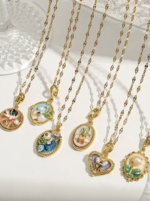 1 Pezzo di collana con pendente vintage con fiori smaltati e accenti irregolari di perle per donne, catena placcata oro 18 carati in rame, regalo per la festa della mamma, regalo per insegnanti, regalo di laurea, collana boema da spiaggia per viaggi estivi e festival, ispirata al giardino di Monet, adatta per feste quotidiane, accessori rave/ballo di fine anno, gioielleria oro giallo