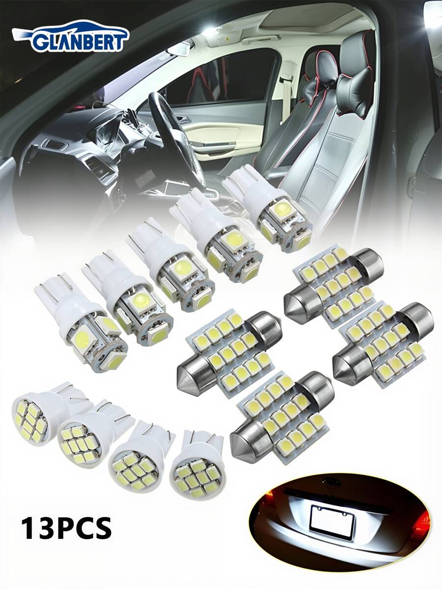 GLANBERT 13pcs/Set LED Lights White T10 Car Interior Light Bulb Reading Light 31mm Map Dome License Lamp