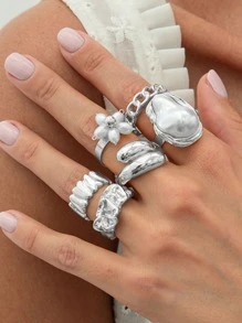Set de 6 anillos de estilo barroco vintage multiusos, con perlas falsas, diseño asimétrico de metal líquido, arrugado y con flores, adecuado para reuniones con amigos y uso diario