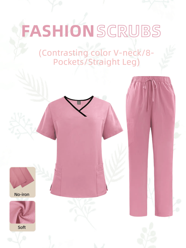 Weich, atmungsaktiv und schnelltrocknend! V-Ausschnitt Kurzarm Top und Hose/Krankenpflege Kasack Set, locker und bequem, geeignet für verschiedene Anwendungsszenarien