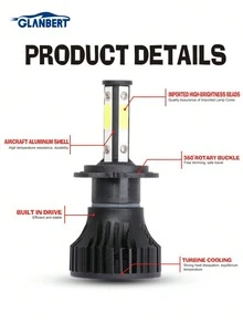 GLANBERT 2 件装汽车 LED 四面发光大灯 H4 远近光 H7 H11 9005 9006 6000k 白光 360° 无盲点高亮度车灯灯泡 - 黑色 - 查看 4