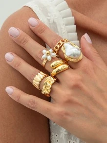 Set de 6 anillos de estilo barroco vintage multiusos, con perlas falsas, diseño asimétrico de metal líquido, arrugado y con flores, adecuado para reuniones con amigos y uso diario