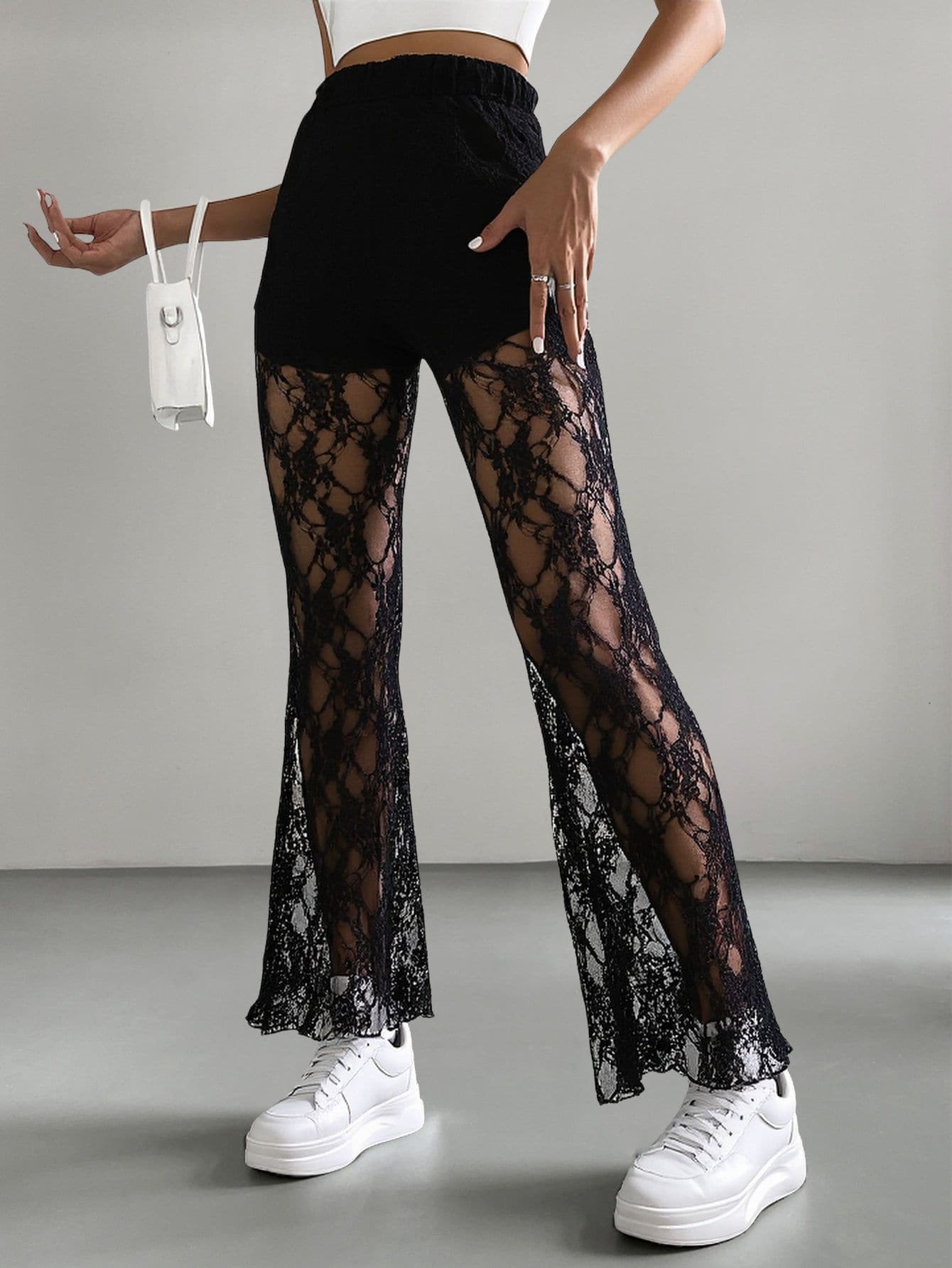 Pantalon Short Elastico Encaje Pierna Ancha Transparente Semitransparente Tela Fresca Suave Bonita Mujer Dama Chic - Negro - Ver 1