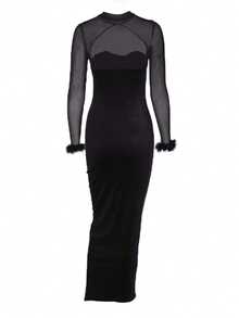 Women Plush Sheer Mesh Contrast Sexy Fishbone Hollow Out Dress, Bodycon Long Sleeve Party Gown, Wedding Guest Cocktail Dress - Black - View 11