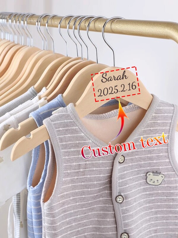 Customized Text/Logo Children Anti-Slip Wooden Clothes Hanger, Newborn Baby Infant Toddler Kids Wooden Hangers, Organizer For Dress, Suit, Nursery Room Back To School