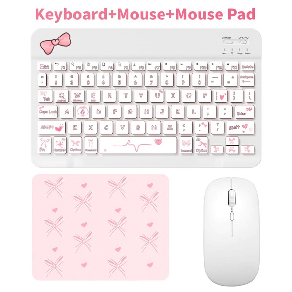Cute Bow Bluetooth Keyboard With Mouse And Mouse Pad Combo,Portable Wireless Keyboard (150mAh) Mouse Set Compatible With Samsung Tablet Apple IPad IOS 13 And Above Phone Smartphone Android Windows(Bowknot)