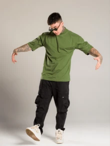 DMUNIZ Oversized Streetwear Basic Turtleneck 3-Shirt Kit - 2 Xanh lá cây | 1 Đen - Xem 4