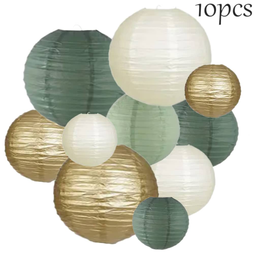 10pcs/15pcs Sage Green, White And Gold Round Paper Lanterns Decoration, Rustic Wedding Birthday Party Decor