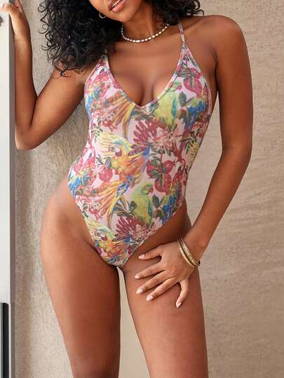 Sexy, zufälliges Muster V-Ausschnitt Badeanzug, Bademode für Strandurlaub, Sommer