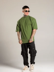 DMUNIZ Oversized Streetwear Basic Turtleneck 3-Shirt Kit - 2 Xanh lá cây | 1 Đen - Xem 6