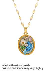 1 Pezzo di collana con pendente vintage con fiori smaltati e accenti irregolari di perle per donne, catena placcata oro 18 carati in rame, regalo per la festa della mamma, regalo per insegnanti, regalo di laurea, collana boema da spiaggia per viaggi estivi e festival, ispirata al giardino di Monet, adatta per feste quotidiane, accessori rave/ballo di fine anno, gioielleria oro giallo