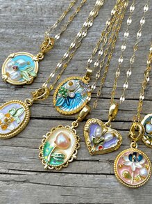 1 Pezzo di collana con pendente vintage con fiori smaltati e accenti irregolari di perle per donne, catena placcata oro 18 carati in rame, regalo per la festa della mamma, regalo per insegnanti, regalo di laurea, collana boema da spiaggia per viaggi estivi e festival, ispirata al giardino di Monet, adatta per feste quotidiane, accessori rave/ballo di fine anno, gioielleria oro giallo