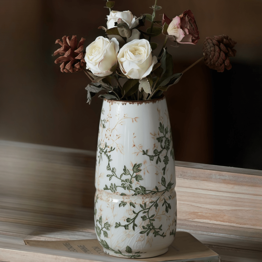 1pc Handmade Rustic Ceramic Vase, High Color Value Ins Style Fresh And Simple Scandinavian Style Compound Ditsy Flowers Ice Crackle Glazed Ceramic Vase