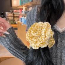 1pc Yellow Plaid Rustic Rose Flower Hair Scrunchie, Elegant Hair Accessory - Yellow - View 8