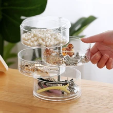 1 pieza Caja de joyas giratoria de plástico transparente, organizador de maquillaje de varios compartimentos, caja de almacenamiento a prueba de polvo para escritorio, estilo Ins de vuelta al cole
