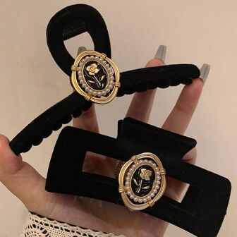 2pcs/1pc Women Black Flocked Square Rose Flower Hair Clip, Elegant Sophisticated Versatile Accessory Suitable For Daily Outings, Casual, Party, Commuting, Vacation, Hair Styling, Washing Face/Hair, Makeup, Outfit Coordinating Hair Accessories Elegant Hair Claw Women Claw Clips Fall Winter