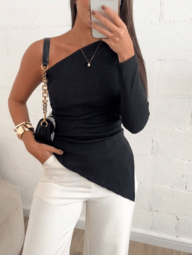 Blusa Elegante Assimétrica Mula Manga Ribana Canelada