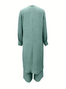 2pcs Women Solid Button Design Long Sleeve Arabian Style Top And Pants Set,Modest