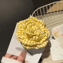 1pc Yellow Plaid Rustic Rose Flower Hair Scrunchie, Elegant Hair Accessory - Yellow - View 5
