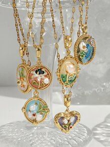1 Pezzo di collana con pendente vintage con fiori smaltati e accenti irregolari di perle per donne, catena placcata oro 18 carati in rame, regalo per la festa della mamma, regalo per insegnanti, regalo di laurea, collana boema da spiaggia per viaggi estivi e festival, ispirata al giardino di Monet, adatta per feste quotidiane, accessori rave/ballo di fine anno, gioielleria oro giallo