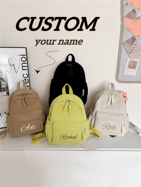 A Customized Backpack, Solid Color, Simple, Fashionable, Casual, Versatile, Corduroy Material, Zippered Adjustable Shoulder Straps, Available In Black, White, Khaki, And Green, With A Personalized Name Or Holiday Message. You Can Customize Your Own Name, Letters, Lucky Numbers, Etc. It Is Very Suitable For School, Dance Classes, Travel, Daily Use, Birthday Gifts Friends Daughters, Commemorative Bags, Christmas Gifts, New Year Mother'S Day
