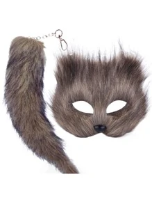 Máscara Realista de Animal com Cabelo Longo e Fofinho para Metade do Rosto, para Homens e Mulheres em Festas de Máscaras e Halloween