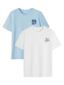 2-Piece Set, Women's Summer Casual Vacation Style Versatile Letter And Turtle Print Pattern Round Neck Short Sleeved T-Shirt. Graphic Tees Women Blue Top Pink Top Vacation Women