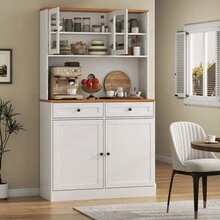 Kitchen Pantry Storage Cabinet, Pantry Cabinet With 2 Drawers, Modern Buffet Cabinet With Adjustable Shelves, Tall Kitchen Hutch With Microwave Stand, Food Pantry With Glass Doors For Dining Room, White - White - View 7