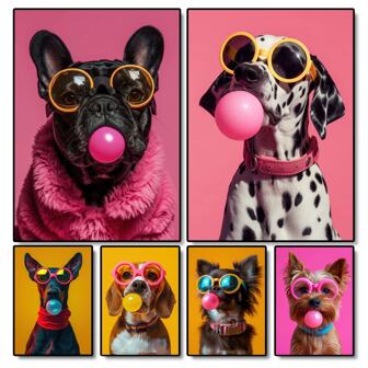 1 pièce/3 pièces en option Cadre Image Affiches Arts Muraux Animaux Chien Bulle de Gomme à Mâcher Lunettes de Soleil Affiche d'Impression Chien Samoyède Bouledogue Français Corgi Chien Peinture sur canevas Art Mural Peinture Décoration Maison sans Cadre/avec Cadre