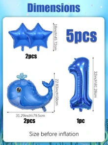 5pcs Blue Whale Theme Balloon Set, Including Blue 0-9 Number Foil Balloons, Blue Star And Blue Whale Balloons, Suitable For Boy Or Girl Birthday Decoration, Baby Shower, Ocean Theme - Multicolor - View 3
