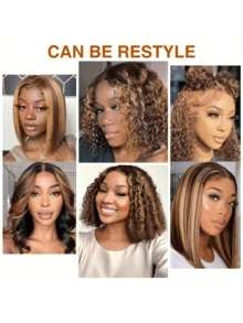 Curly Bob Wigs 13X4 Lace Front Wig Brazilian Remy Human Hair Wigs Blonde Brown Deep Wave Short Wig For Women 13x4 Lace Highlight Color 4/27 ,8-16inch ,180% Density Human Hair Lace Wig