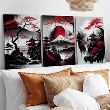 3入組無框日本風景山脈紅黑櫻花畫布海報，防水現代藝術牆上畫，適用於禮品、臥室、客廳、辦公室、浴室、餐廳、咖啡廳、酒吧、壁飾、家居和辦公室裝飾 - 黑紅色 - 查看 7
