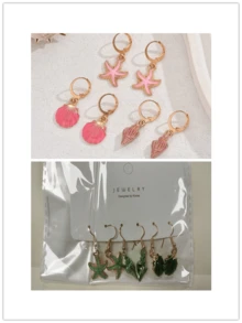 3 对海星、贝壳、蜗牛形油滴耳环套装，女士可爱海滩度假珠宝套装