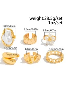 Set de 6 anillos de estilo barroco vintage multiusos, con perlas falsas, diseño asimétrico de metal líquido, arrugado y con flores, adecuado para reuniones con amigos y uso diario