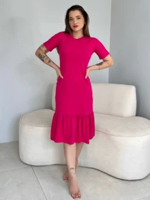 Women's Comfortable Elegant Casual Ruffle Midi Dress - Hoa hồng - Xem 2