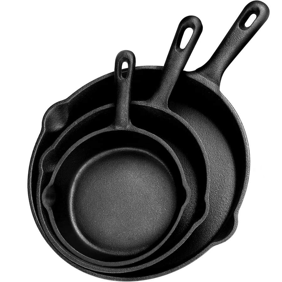 Juego de 3 Sarten Hierro Fundido, Sarten Hierro Fundido, sartén multifuncional, juego de sartenes – Sartén resistente para uso doméstico y al aire libre(3-Piece Chef Set 6-8-10-Inch) - Negro - Ver 1